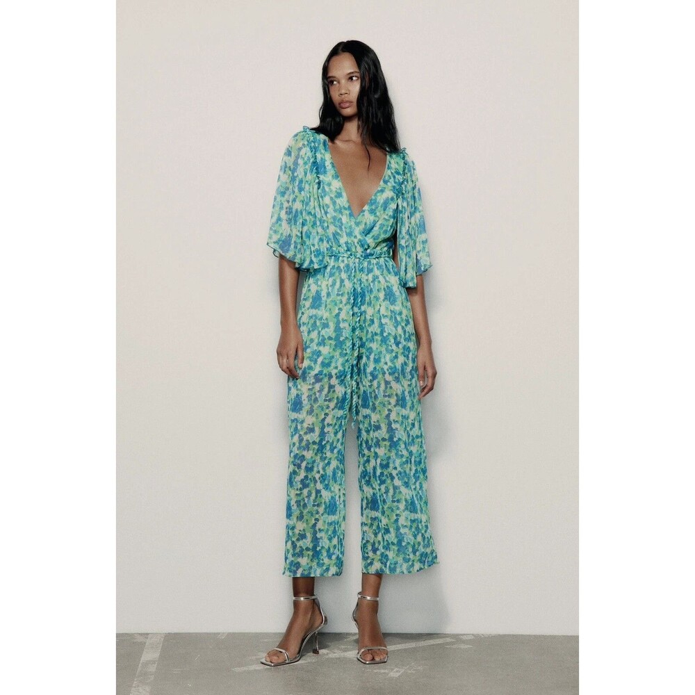 Zara Medium jumpsuit 1 piece deep v-neck sheer wide leg watercolor lining fluid
